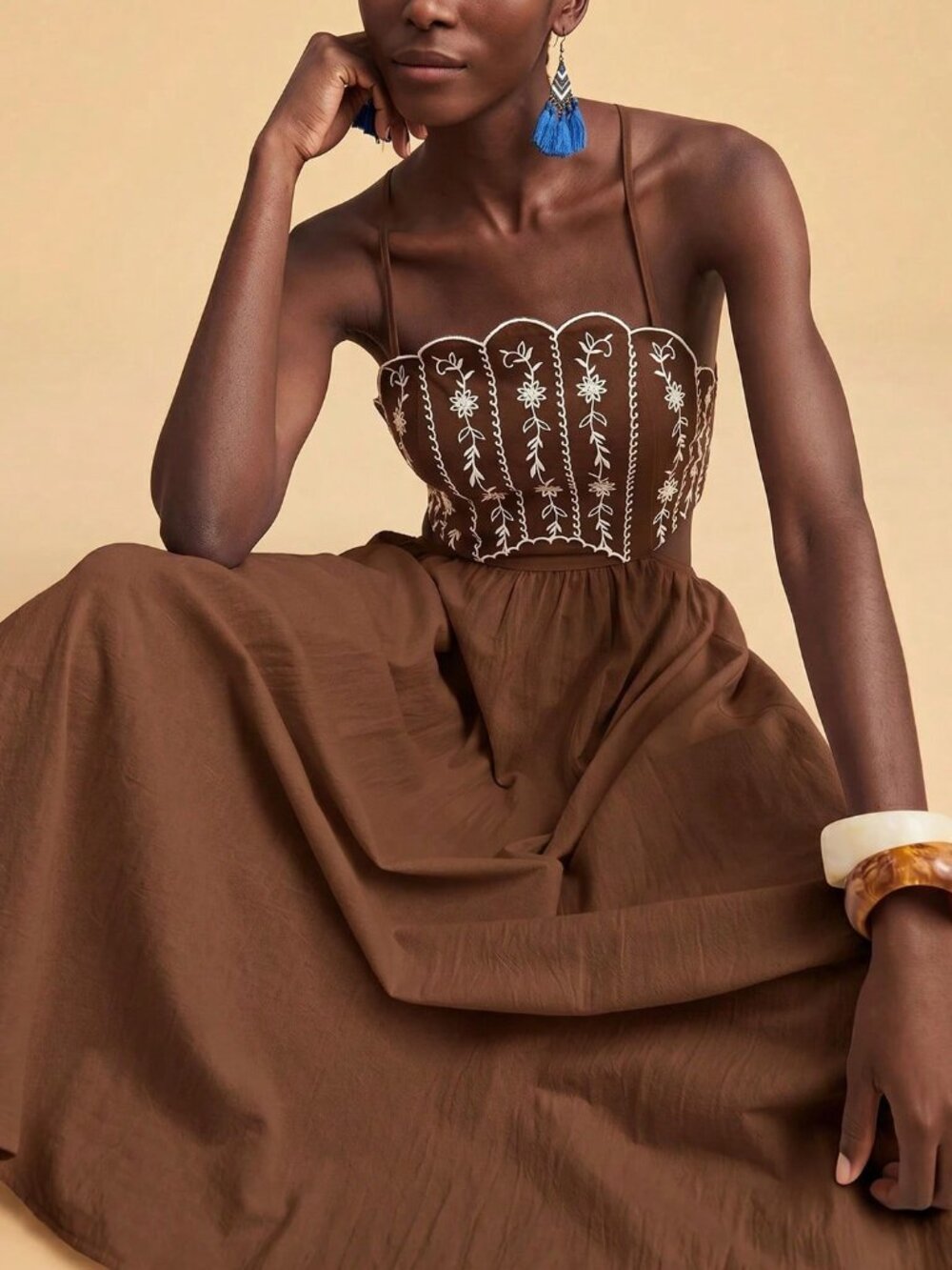 Brown Boho Women's Backless Camisole Dress with Embroidery - Picture 3 of 7
